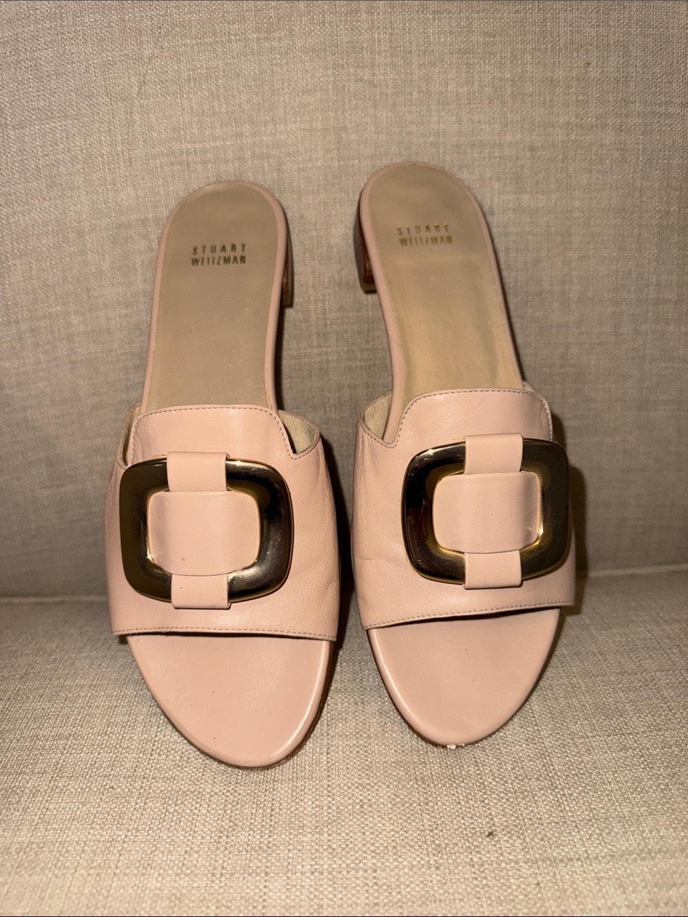 Stuart Weitzman Pale Pink Leather Slide Mules with Gold Buckle